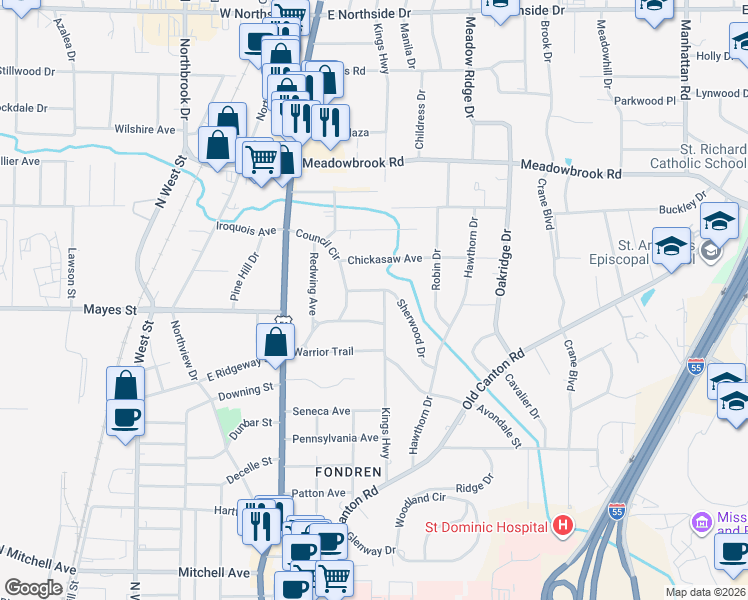 map of restaurants, bars, coffee shops, grocery stores, and more near 4004 Council Circle in Jackson