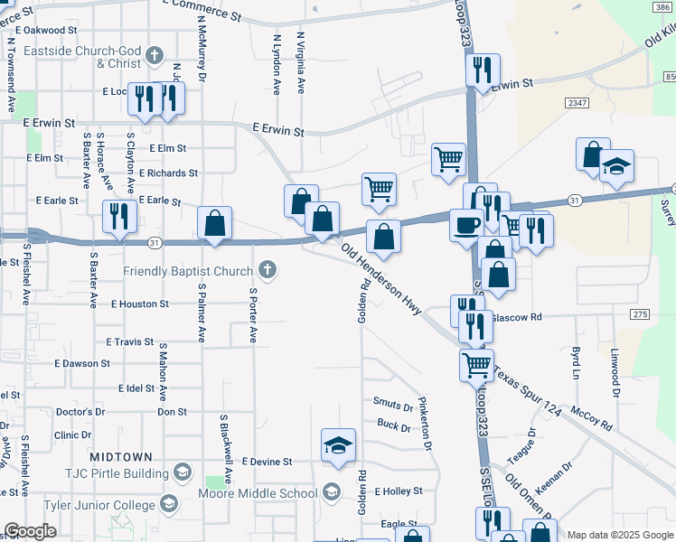 map of restaurants, bars, coffee shops, grocery stores, and more near 601 Golden Road in Tyler