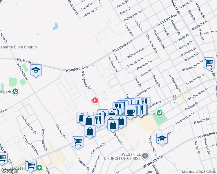 map of restaurants, bars, coffee shops, grocery stores, and more near 1315 Belvon Place in Cleburne