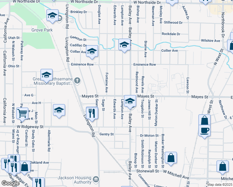map of restaurants, bars, coffee shops, grocery stores, and more near 3243 Edwards Avenue in Jackson