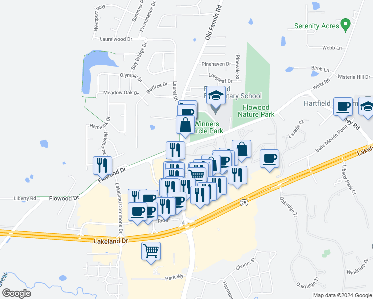 map of restaurants, bars, coffee shops, grocery stores, and more near 1695 Old Fannin Road in Flowood