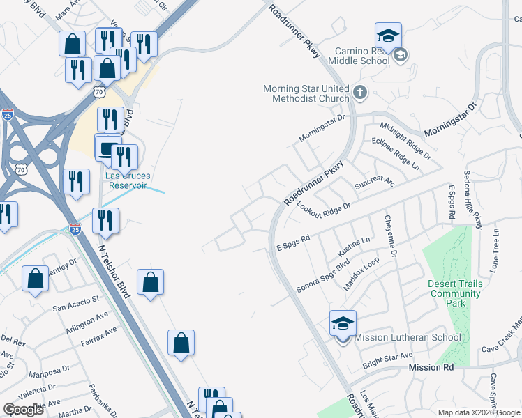 map of restaurants, bars, coffee shops, grocery stores, and more near 2541 Tiffany Drive in Las Cruces