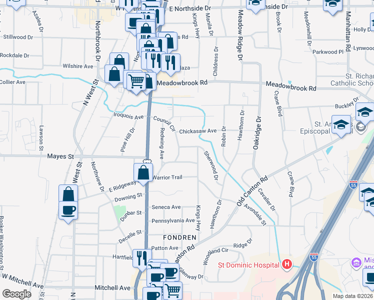 map of restaurants, bars, coffee shops, grocery stores, and more near 4116 Council Circle in Jackson