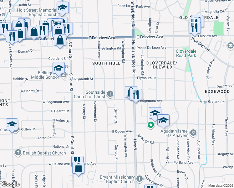 map of restaurants, bars, coffee shops, grocery stores, and more near 3338 South Hull Street in Montgomery