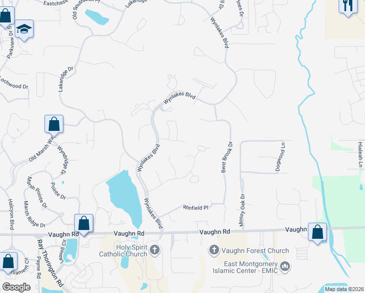 map of restaurants, bars, coffee shops, grocery stores, and more near 9431 Huntingdon Court in Montgomery