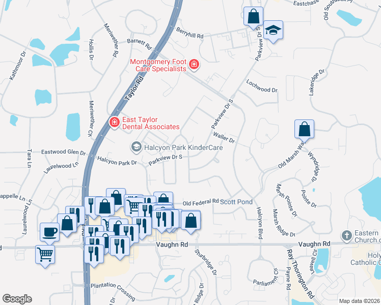 map of restaurants, bars, coffee shops, grocery stores, and more near 1926 Windflower Court in Montgomery