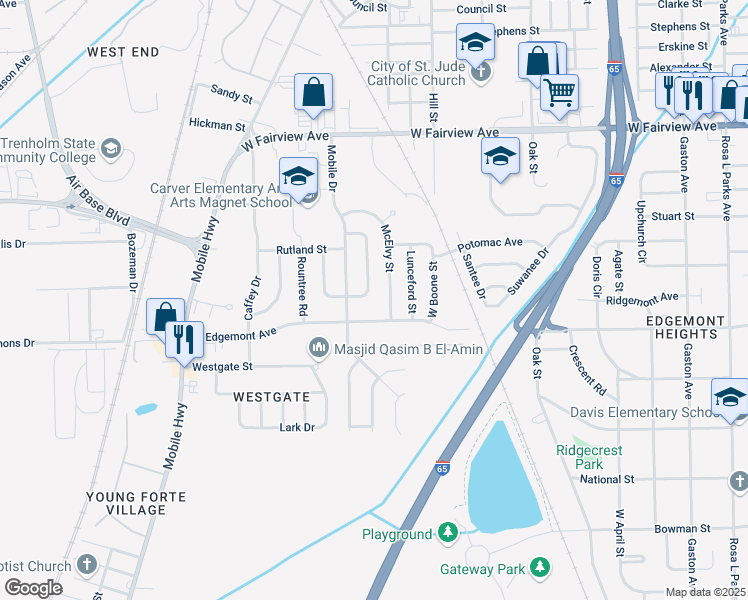 map of restaurants, bars, coffee shops, grocery stores, and more near 3296 McElvy Street in Montgomery