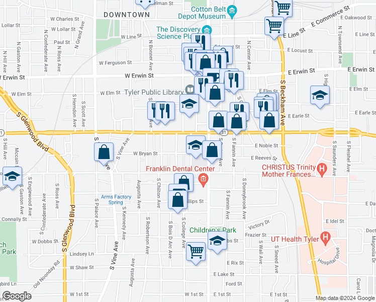 map of restaurants, bars, coffee shops, grocery stores, and more near 413 South College Avenue in Tyler