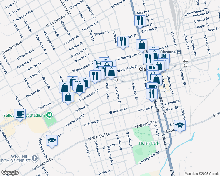 map of restaurants, bars, coffee shops, grocery stores, and more near 105 North Walnut Street in Cleburne