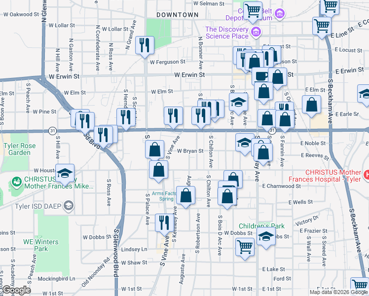 map of restaurants, bars, coffee shops, grocery stores, and more near 620 West Front Street in Tyler