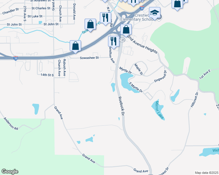map of restaurants, bars, coffee shops, grocery stores, and more near 1718 Roebuck Drive in Meridian