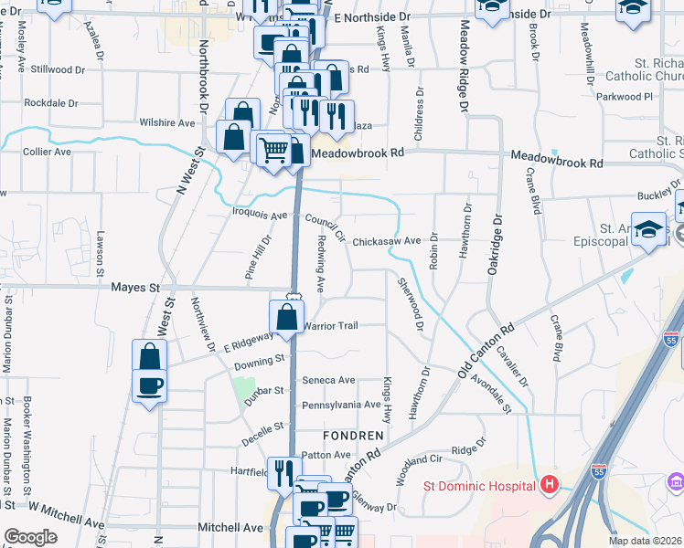 map of restaurants, bars, coffee shops, grocery stores, and more near 4056 Redwing Avenue in Jackson