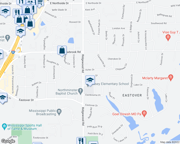 map of restaurants, bars, coffee shops, grocery stores, and more near 1839 Aztec Drive in Jackson