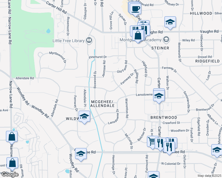 map of restaurants, bars, coffee shops, grocery stores, and more near 3232 Warrenton Place in Montgomery