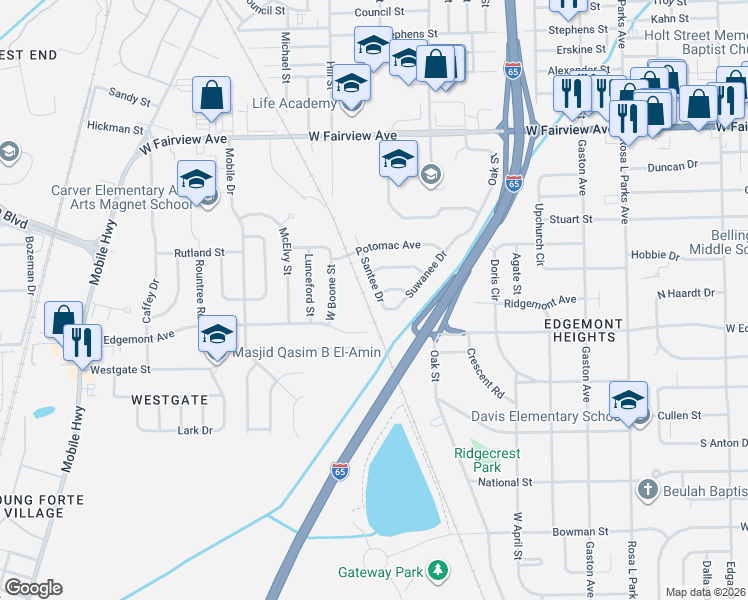 map of restaurants, bars, coffee shops, grocery stores, and more near 3412 Santee Drive in Montgomery