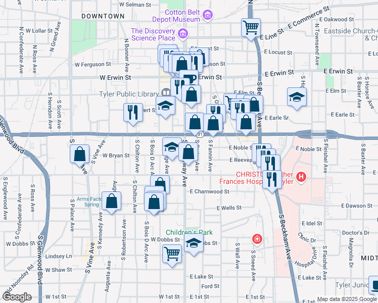 map of restaurants, bars, coffee shops, grocery stores, and more near 423 South Broadway Avenue in Tyler