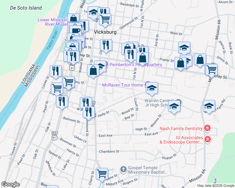 map of restaurants, bars, coffee shops, grocery stores, and more near 1209 Grammar Street in Vicksburg