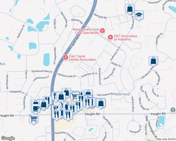 map of restaurants, bars, coffee shops, grocery stores, and more near 2604 Halcyon Downs Loop in Montgomery