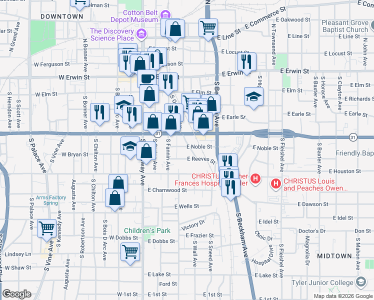 map of restaurants, bars, coffee shops, grocery stores, and more near 401 East Front Street in Tyler