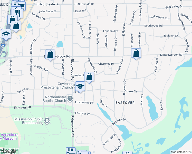 map of restaurants, bars, coffee shops, grocery stores, and more near 4105 Comanche Drive in Jackson