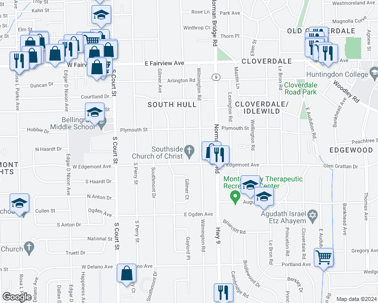 map of restaurants, bars, coffee shops, grocery stores, and more near 3365 South Hull Street in Montgomery