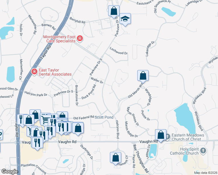 map of restaurants, bars, coffee shops, grocery stores, and more near 2085 Halcyon Boulevard in Montgomery