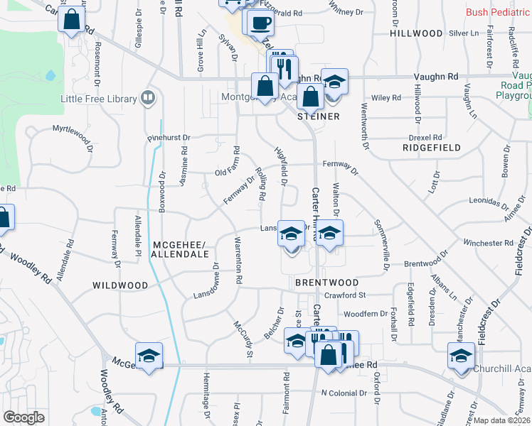 map of restaurants, bars, coffee shops, grocery stores, and more near 3142 Highfield Drive in Montgomery