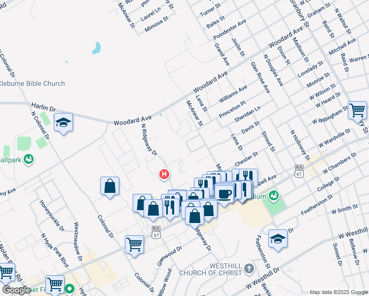 map of restaurants, bars, coffee shops, grocery stores, and more near 1309 Ridge Run Street in Cleburne