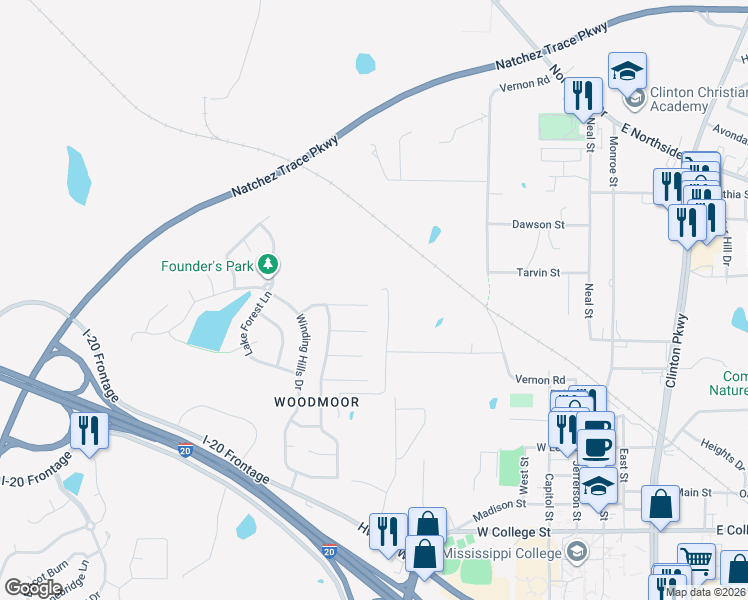 map of restaurants, bars, coffee shops, grocery stores, and more near 147 Lofty Pine Lane in Clinton