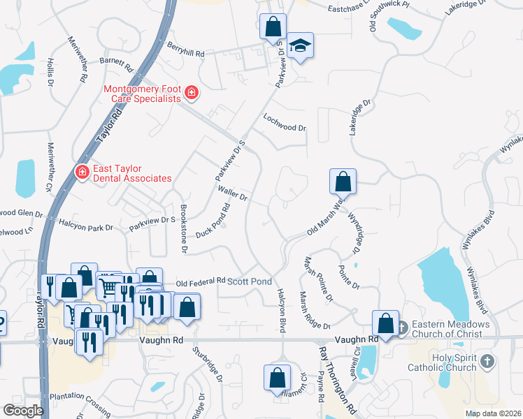 map of restaurants, bars, coffee shops, grocery stores, and more near 2085 Halcyon Boulevard in Montgomery
