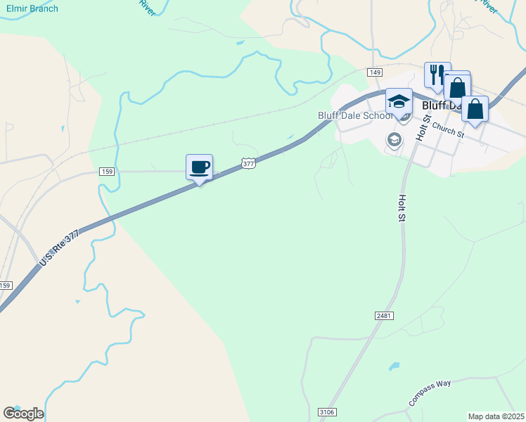 map of restaurants, bars, coffee shops, grocery stores, and more near 26880 U.S. 377 in Bluff Dale