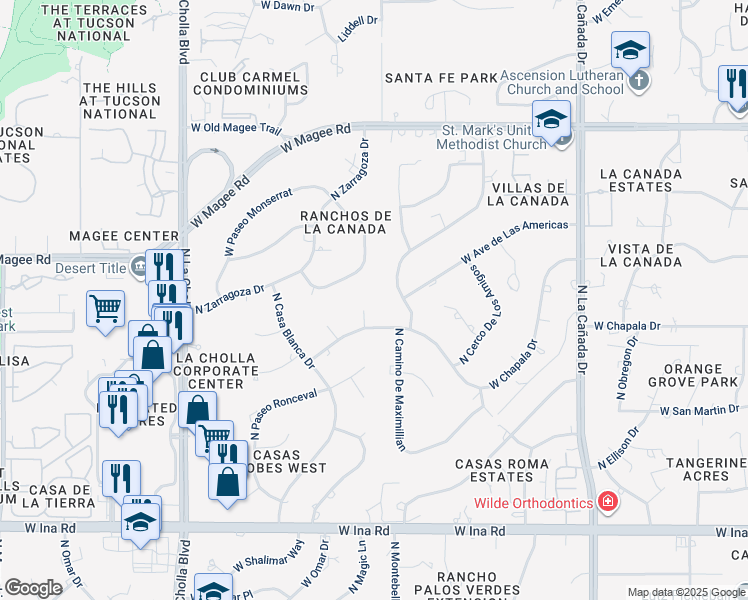 map of restaurants, bars, coffee shops, grocery stores, and more near 7630 North Chapala Place in Tucson