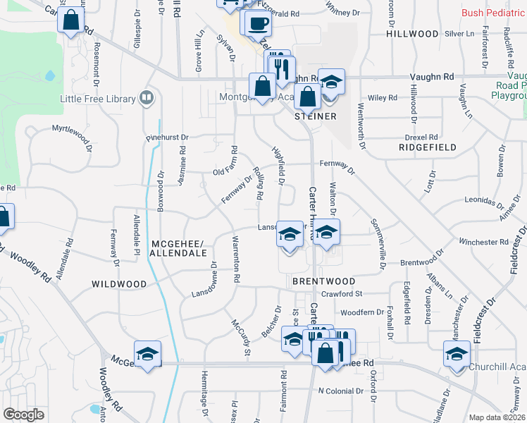 map of restaurants, bars, coffee shops, grocery stores, and more near 3161 Rolling Road in Montgomery