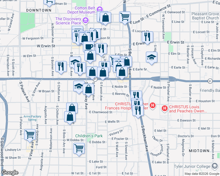 map of restaurants, bars, coffee shops, grocery stores, and more near 401 East Front Street in Tyler