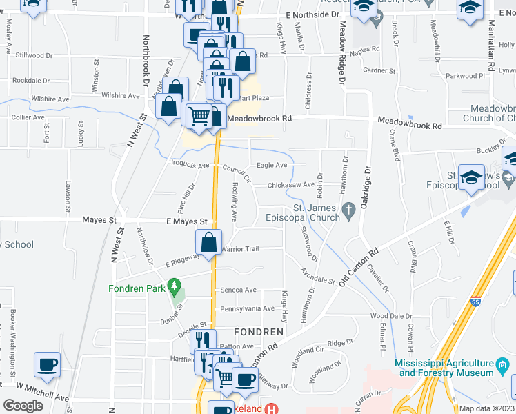 map of restaurants, bars, coffee shops, grocery stores, and more near 4101 Council Circle in Jackson
