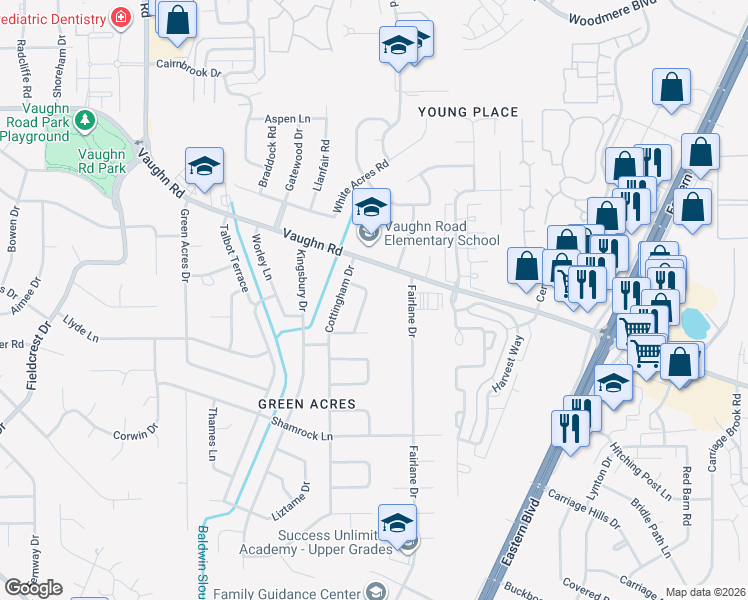 map of restaurants, bars, coffee shops, grocery stores, and more near 4450 Vaughn Road in Montgomery