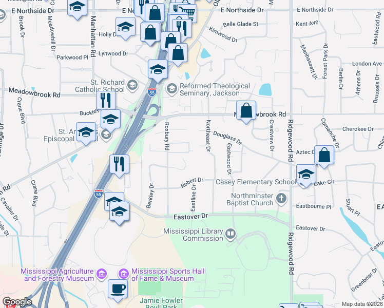 map of restaurants, bars, coffee shops, grocery stores, and more near 1437 Rebel Drive in Jackson