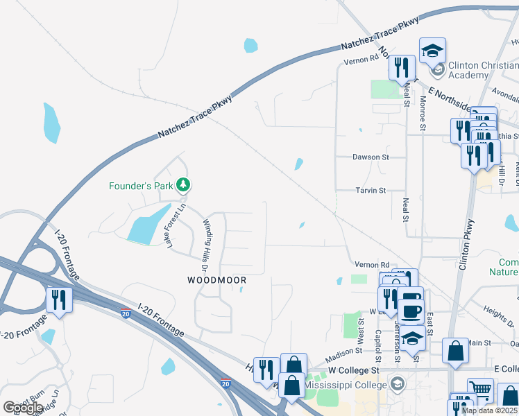 map of restaurants, bars, coffee shops, grocery stores, and more near 147 Lofty Pine Lane in Clinton