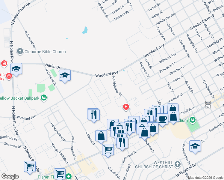 map of restaurants, bars, coffee shops, grocery stores, and more near 505 North Ridgeway Drive in Cleburne