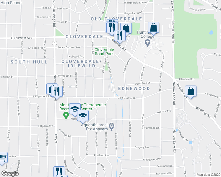 map of restaurants, bars, coffee shops, grocery stores, and more near 3358 East Audubon Road in Montgomery