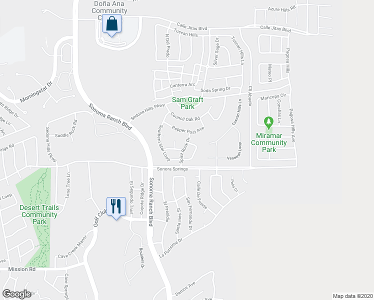 map of restaurants, bars, coffee shops, grocery stores, and more near 2270 Spirit Rock Drive in Las Cruces