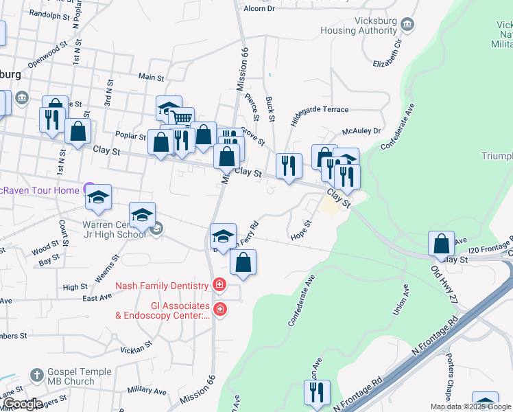 map of restaurants, bars, coffee shops, grocery stores, and more near 1900 Baldwin Ferry Road in Vicksburg
