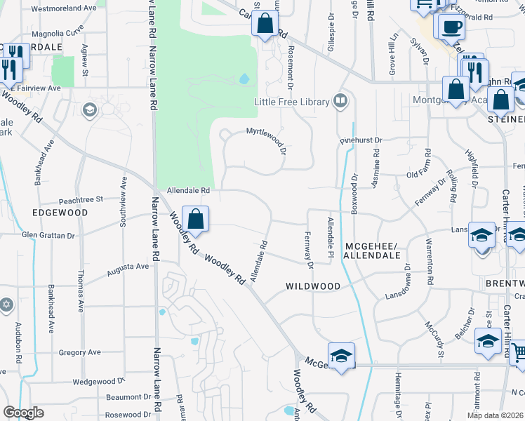 map of restaurants, bars, coffee shops, grocery stores, and more near 2153 Allendale Road in Montgomery