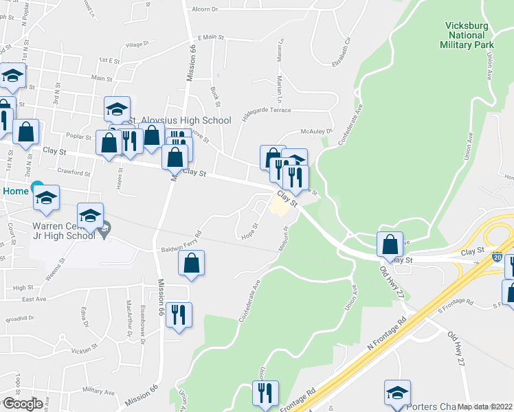 map of restaurants, bars, coffee shops, grocery stores, and more near 19 Circle Lake in Vicksburg