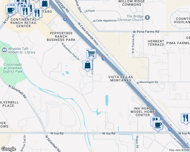 map of restaurants, bars, coffee shops, grocery stores, and more near 160 North Hartman Lane in Tucson