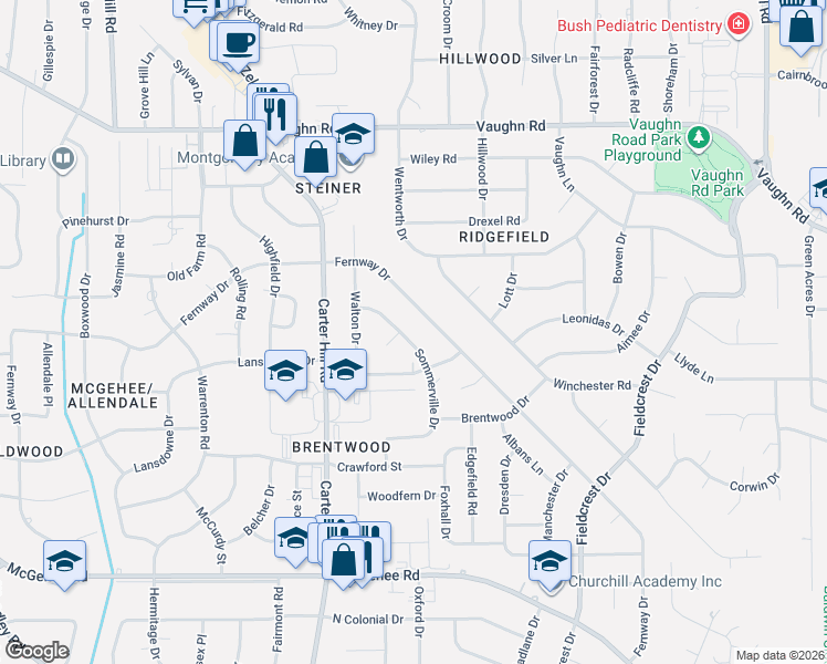 map of restaurants, bars, coffee shops, grocery stores, and more near 3168 Fernway Dr in Montgomery