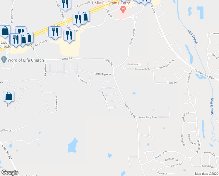 map of restaurants, bars, coffee shops, grocery stores, and more near Abundance Place in Flowood
