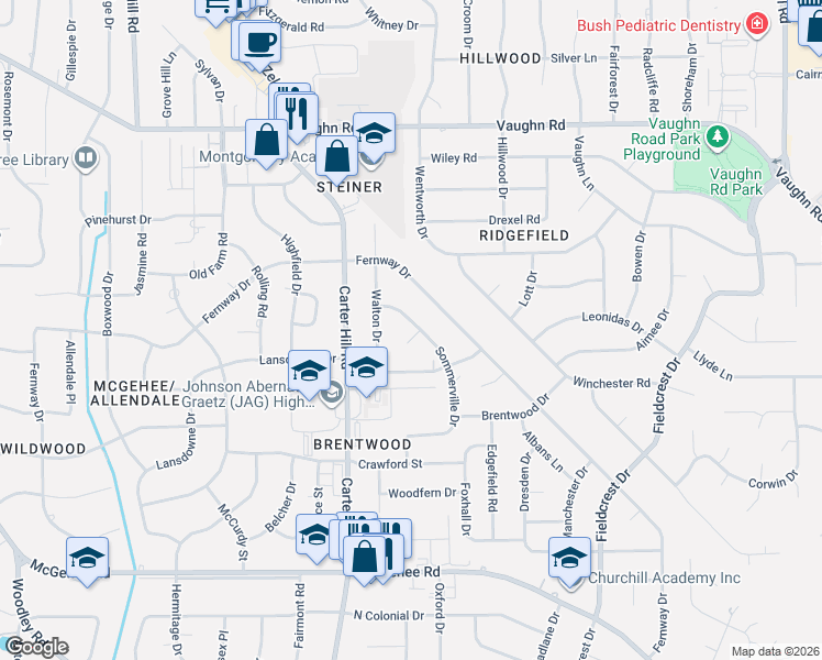 map of restaurants, bars, coffee shops, grocery stores, and more near 3310 Sommerville Drive in Montgomery