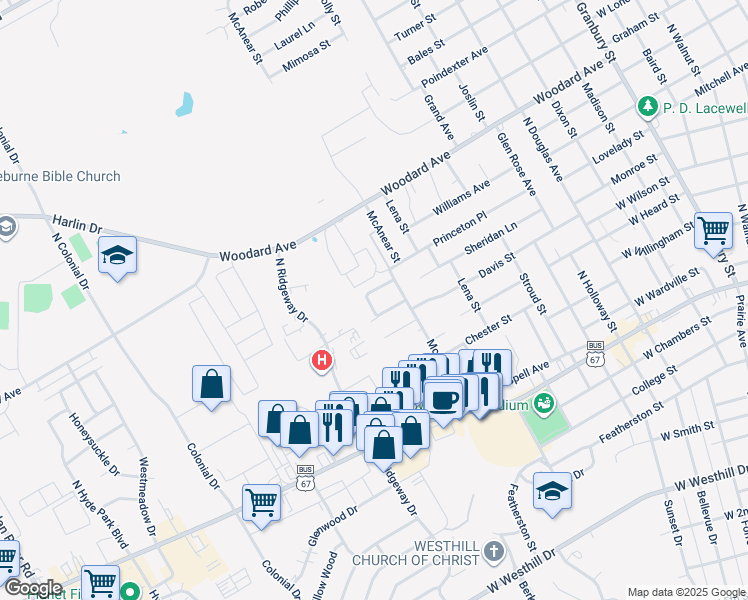 map of restaurants, bars, coffee shops, grocery stores, and more near 1309 Ridge Run Street in Cleburne