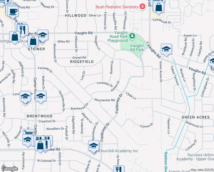 map of restaurants, bars, coffee shops, grocery stores, and more near 2512 Leonidas Drive in Montgomery